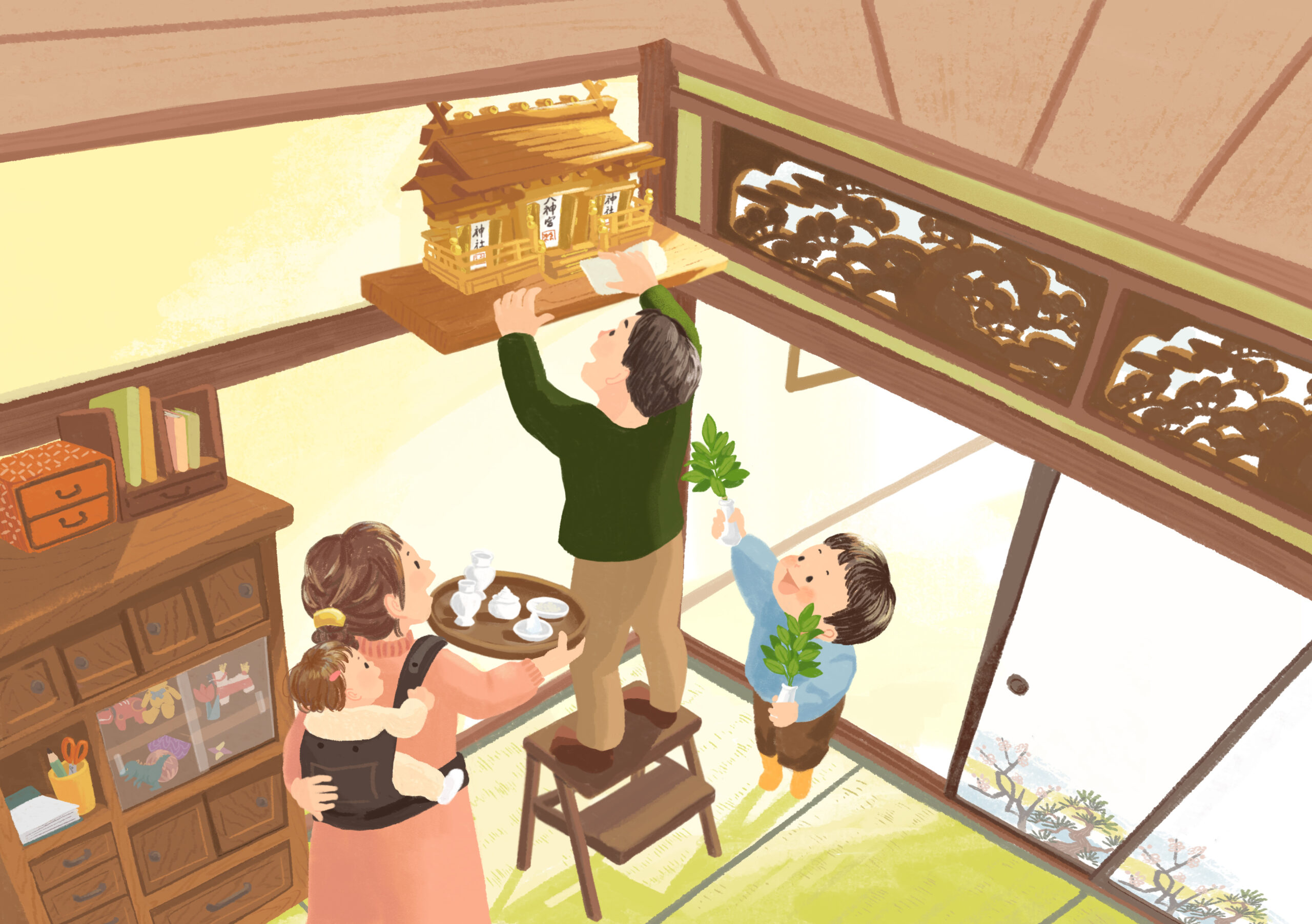 神社本庁「家庭内祭祀」のチラシのイラストを作成しました